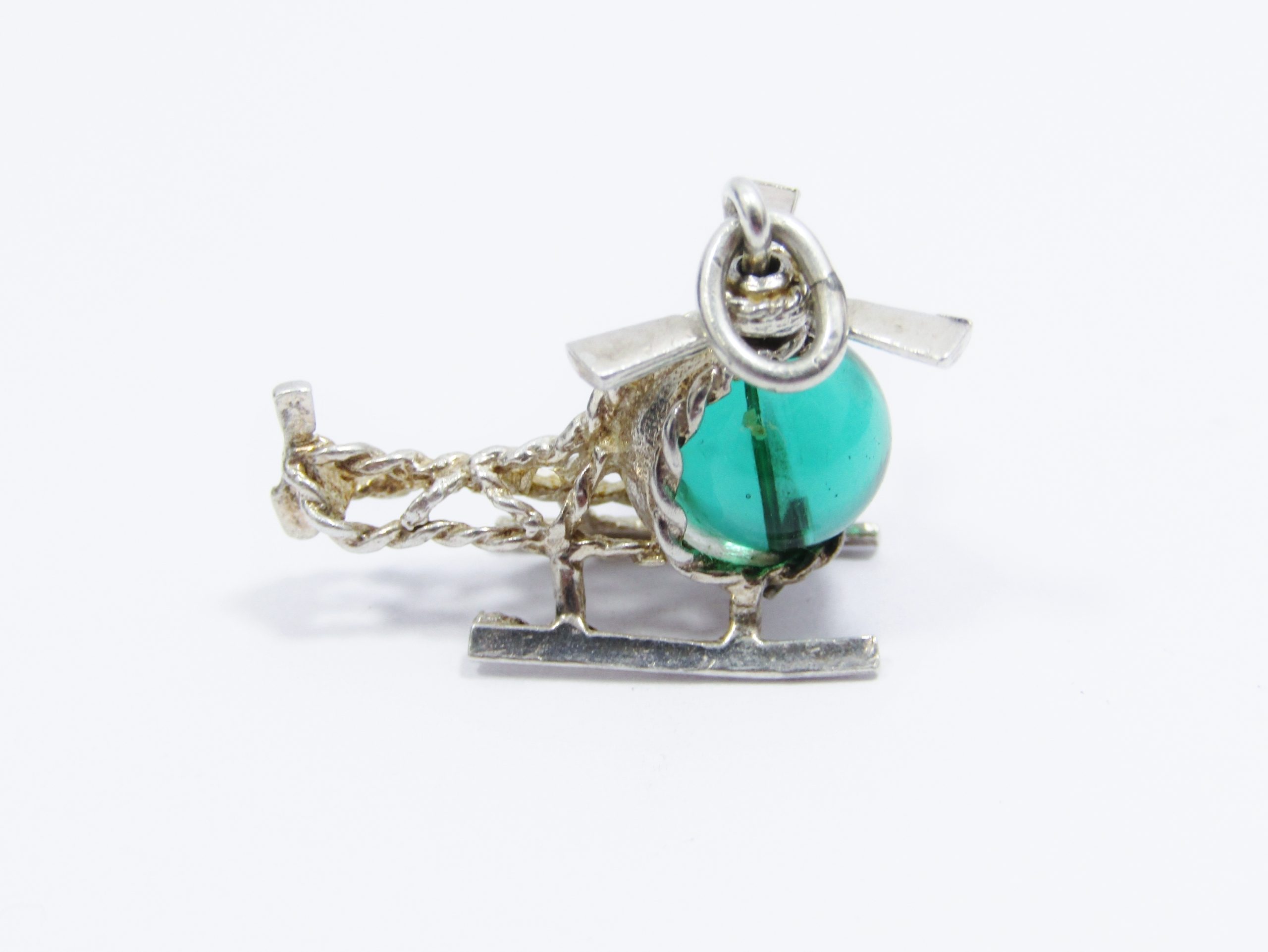A Stunning Green Stone Helicopter Charm/ Pendant in Sterling Silver